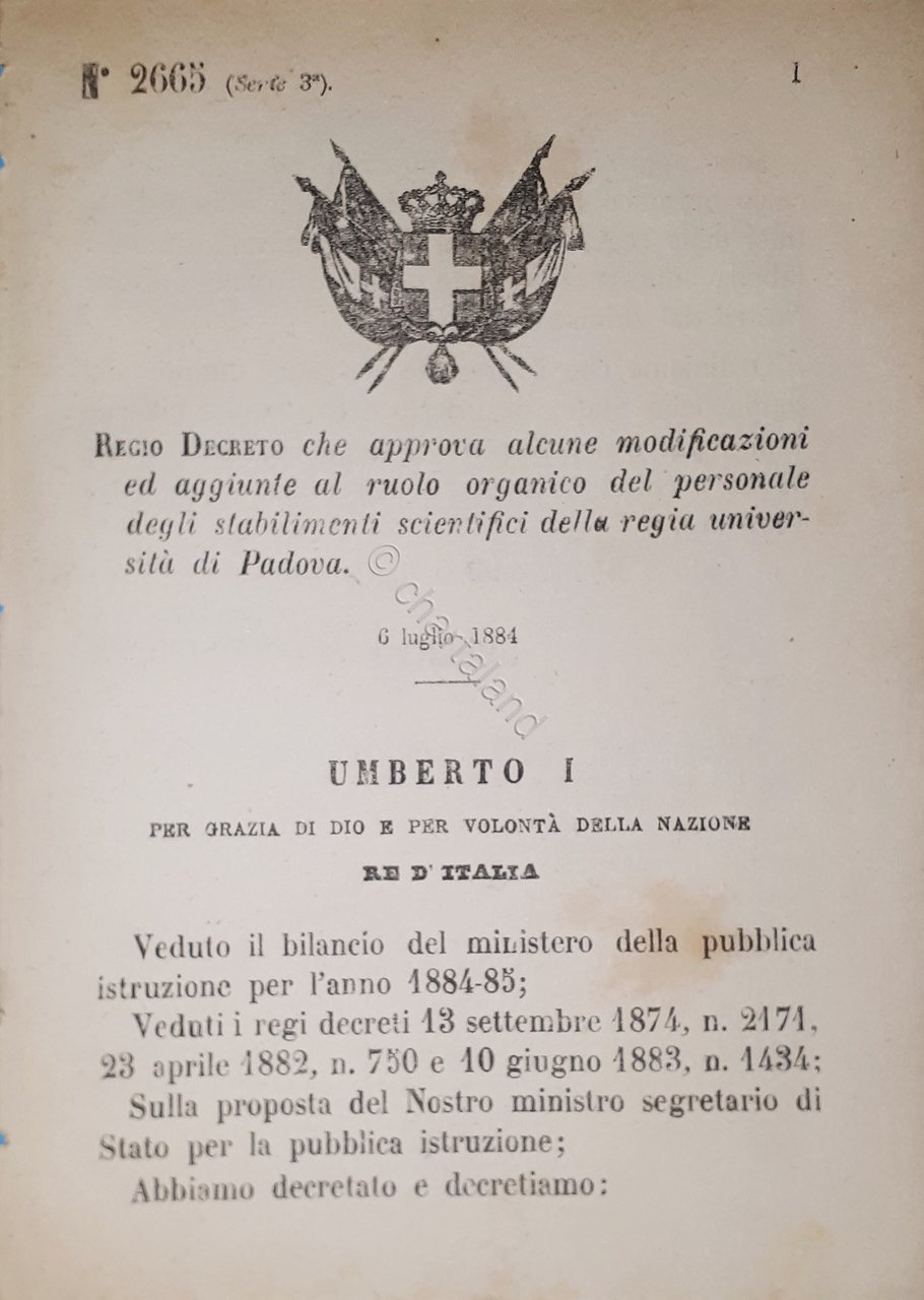Decreto Regno Italia Ruolo del personale stabilimenti scientifici di Padova …
