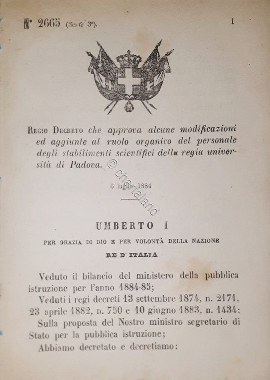 Decreto Regno Italia Ruolo del personale stabilimenti scientifici di Padova …