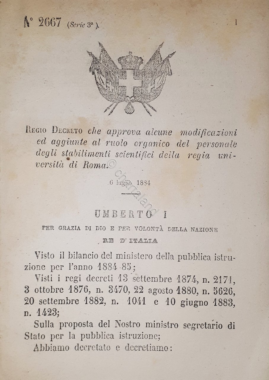 Decreto Regno Italia Ruolo del personale stabilimenti scientifici di Roma …