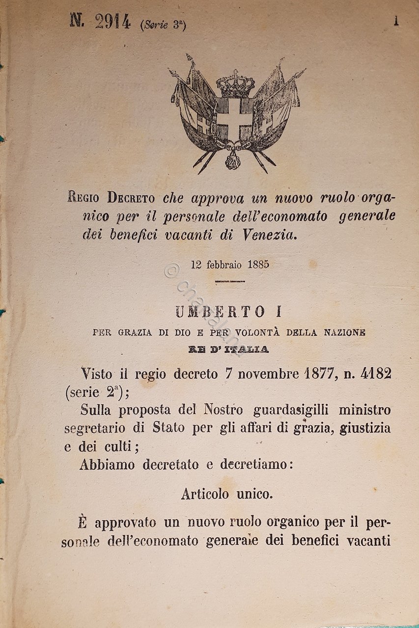 Decreto Regno Italia Ruolo economo generale dei benefici vacanti di … | Immagine principale