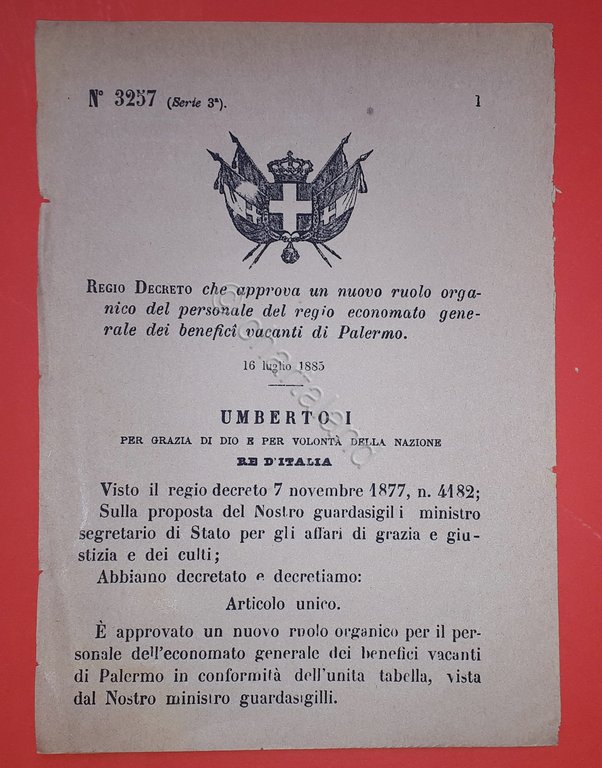 Decreto Regno Italia Ruolo organico regio generale benefici vacanti Palermo 1885