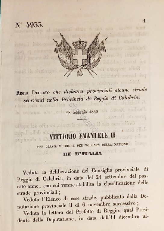 Decreto Regno Italia Strade scorrenti nella Provincia di Reggio di Calabria 1869