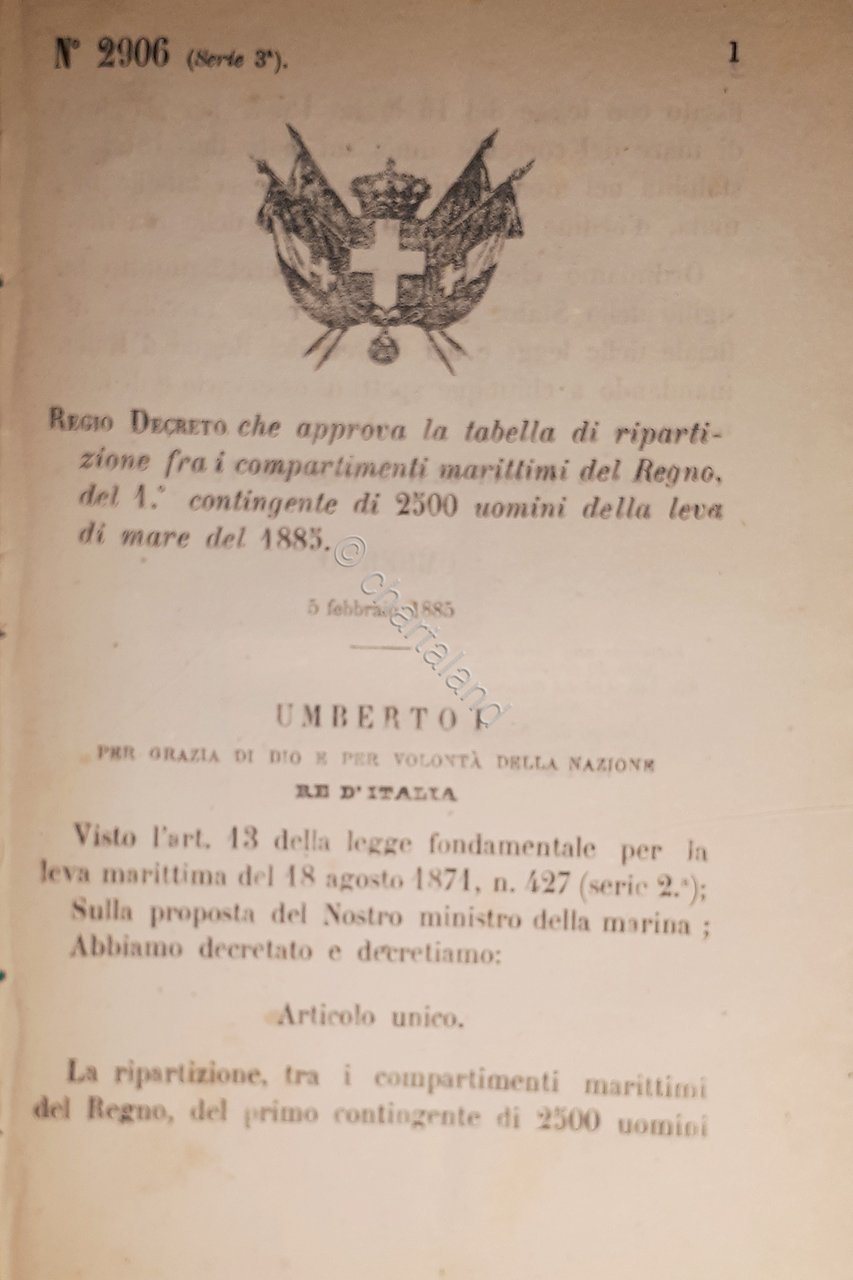 Decreto Regno Italia Tabella di ripartizione compartimenti marittimi Regno 1885 | Immagine principale