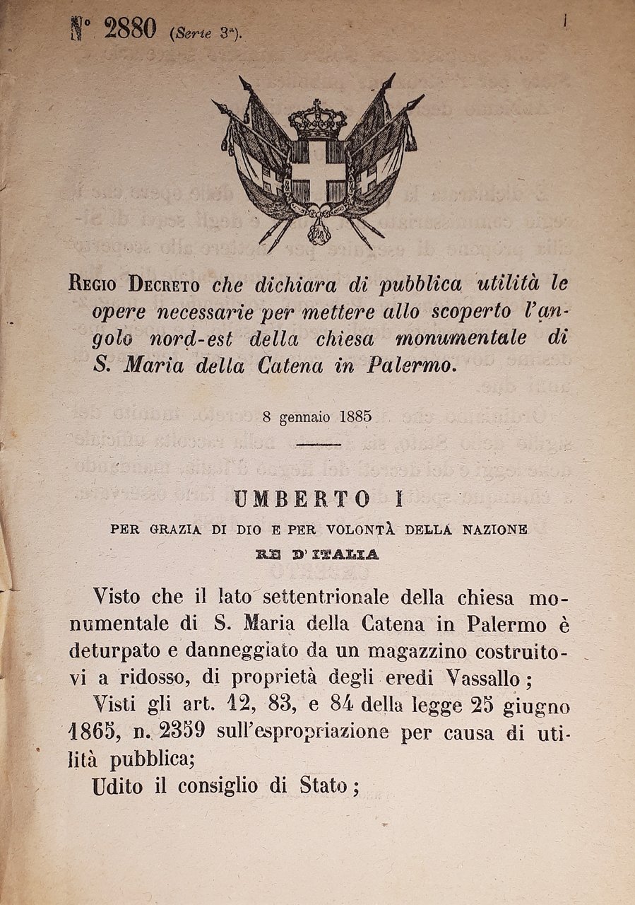Decreto Regno Italia Utilità le opere chiesa di S. Maria …