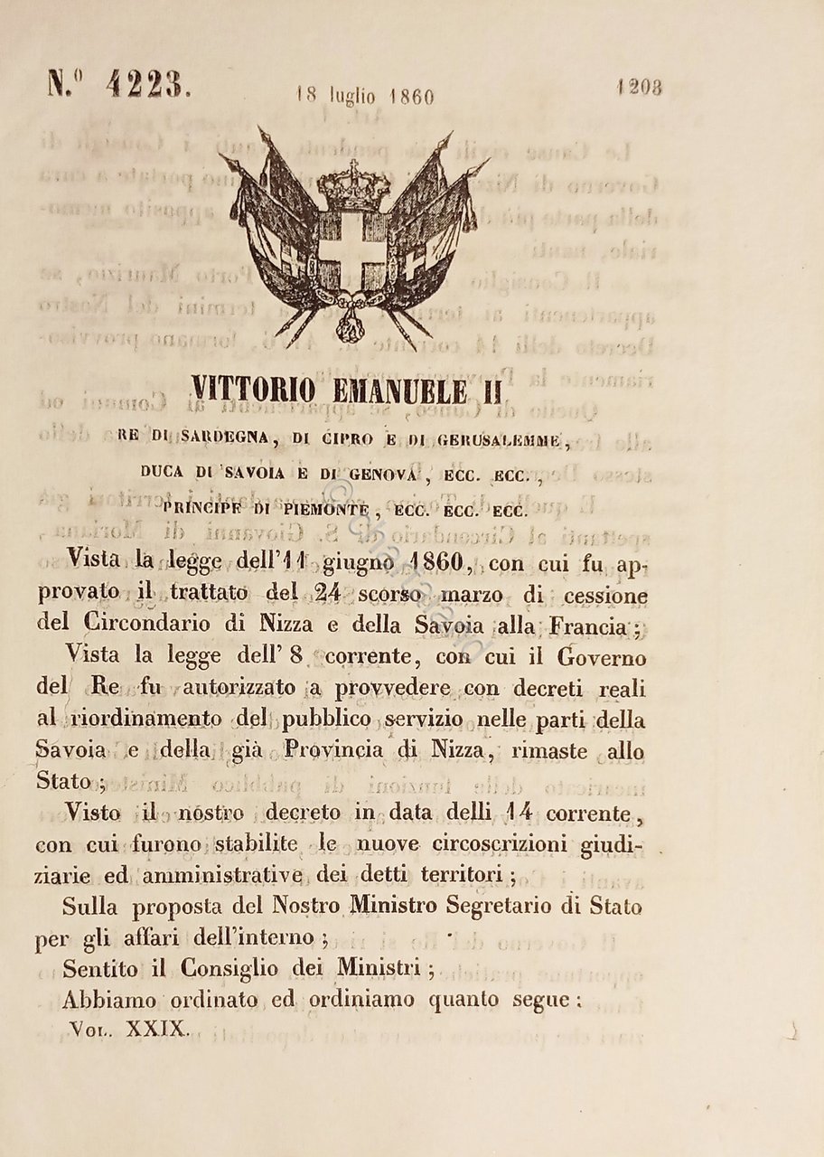 Decreto Regno Sardegna - Assegnamento cause civili Governo di Nizza …