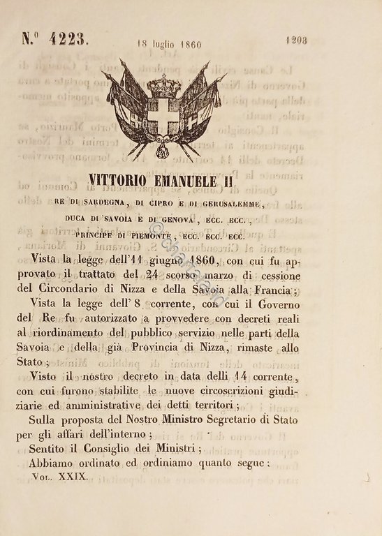 Decreto Regno Sardegna - Assegnamento cause civili Governo di Nizza …