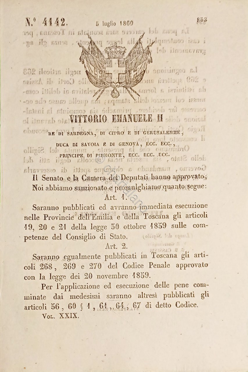 Decreto Regno Sardegna - Esecuzione articoli Legge in Emilia e …