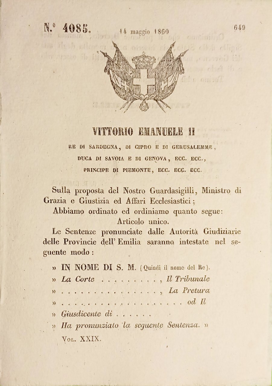 Decreto Regno Sardegna - Intestazione sentenze Autorità Giudiziarie Emilia 1860