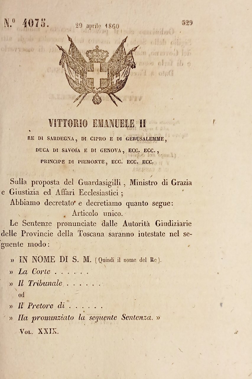 Decreto Regno Sardegna - Intestazione sentenze Autorità Giudiziarie Toscana 1860