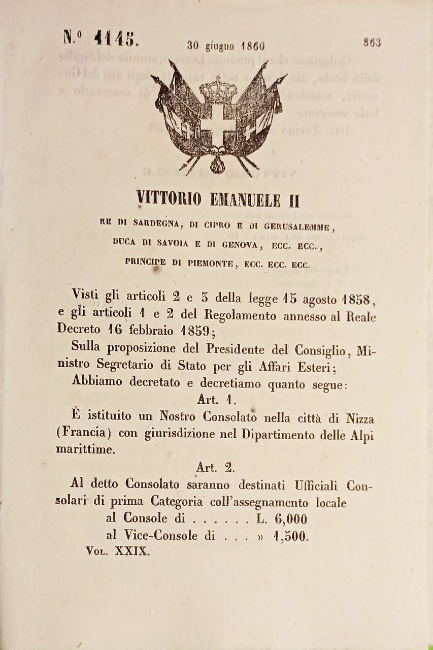 Decreto Regno Sardegna - Istituzione Consolato nella città di Nizza …