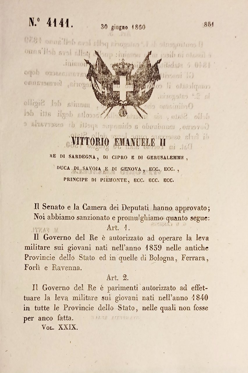 Decreto Regno Sardegna - Leva nati nel 1839 Bologna Ferrara …