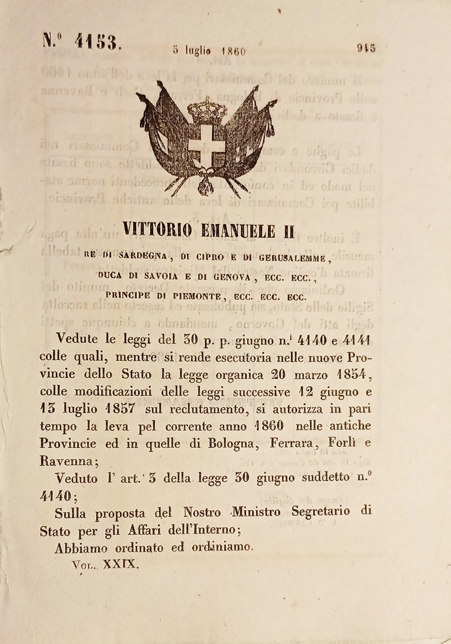 Decreto Regno Sardegna - Leva Provincie di Bologna Ferrara Forlì …