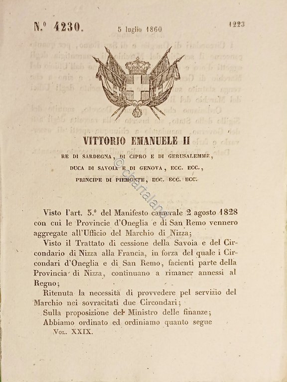 Decreto Regno Sardegna - Marchio garanzia oggetti d'Oro San Remo …