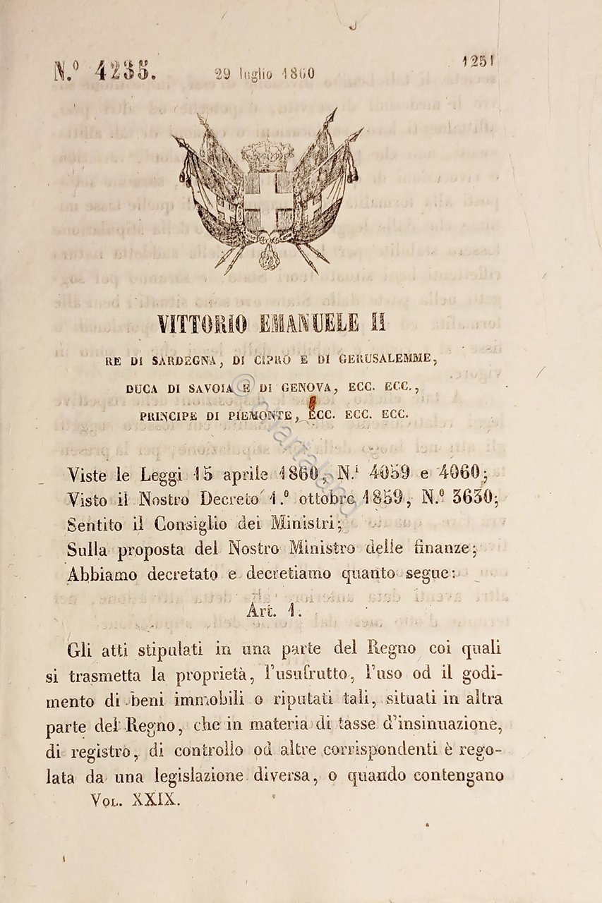 Decreto Regno Sardegna - Normativa atti e tasse sugli immobili …