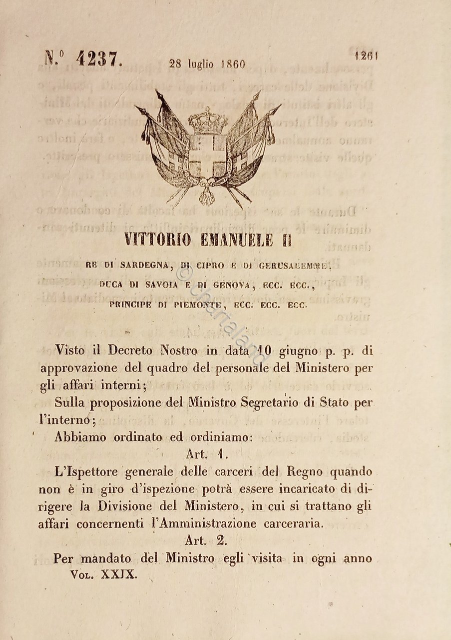 Decreto Regno Sardegna - Ordinamento e mansioni Ispettore delle Carceri …