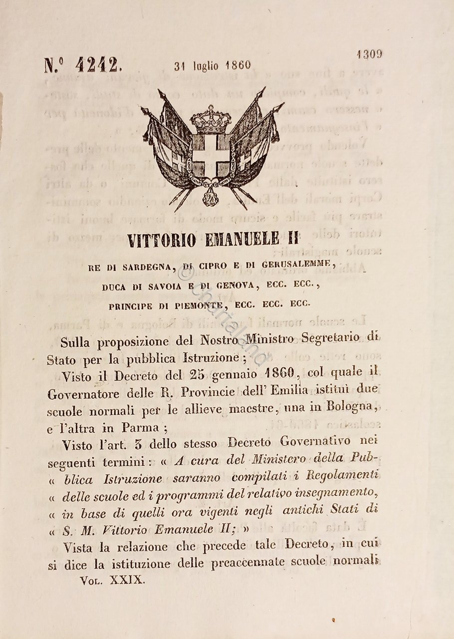 Decreto Regno Sardegna - Regolamentazione Scuole Emilia - 1860
