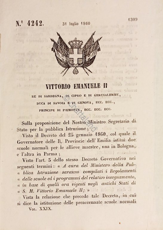 Decreto Regno Sardegna - Regolamentazione Scuole Emilia - 1860