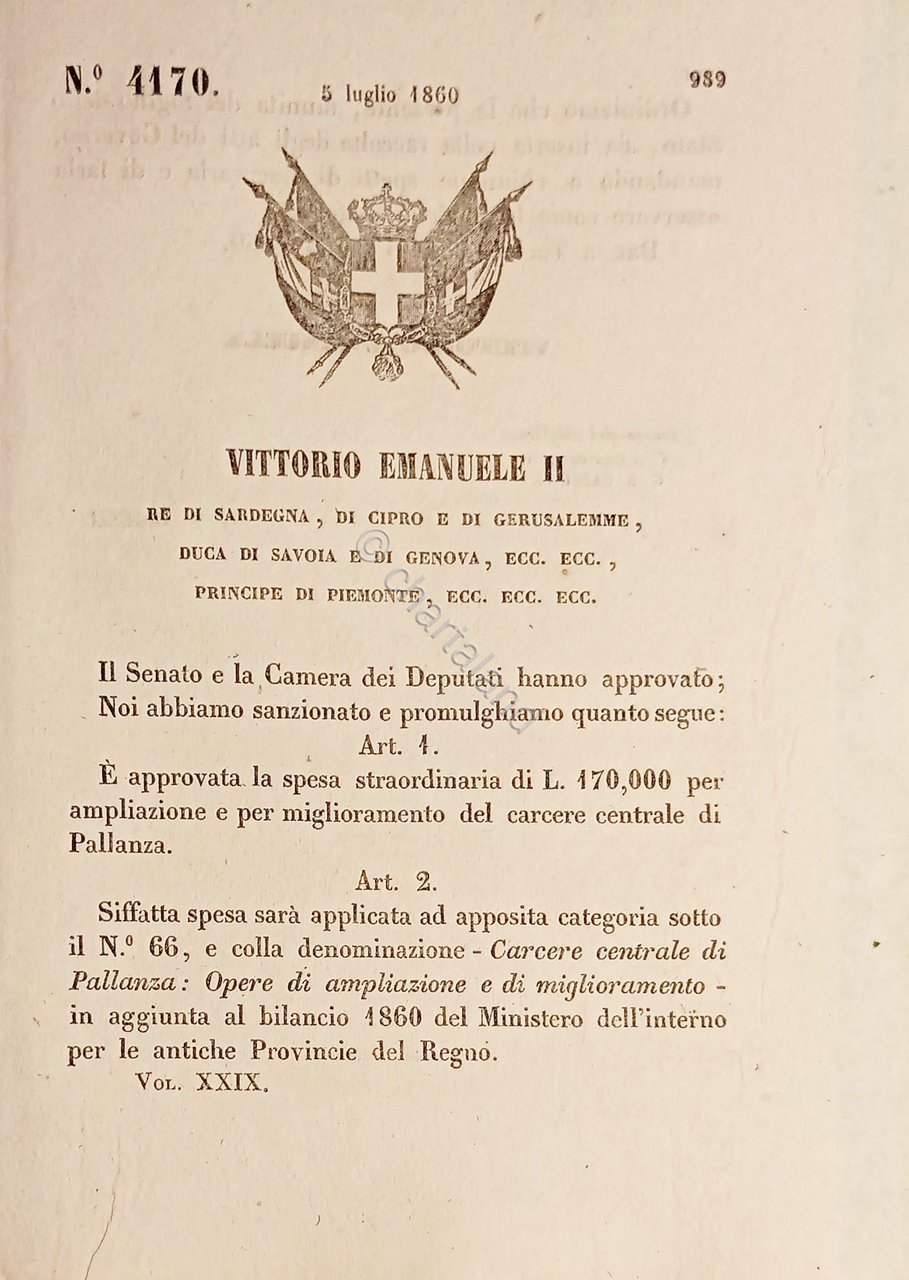 Decreto Regno Sardegna - Spesa miglioramento Carcere di Pallanza - …