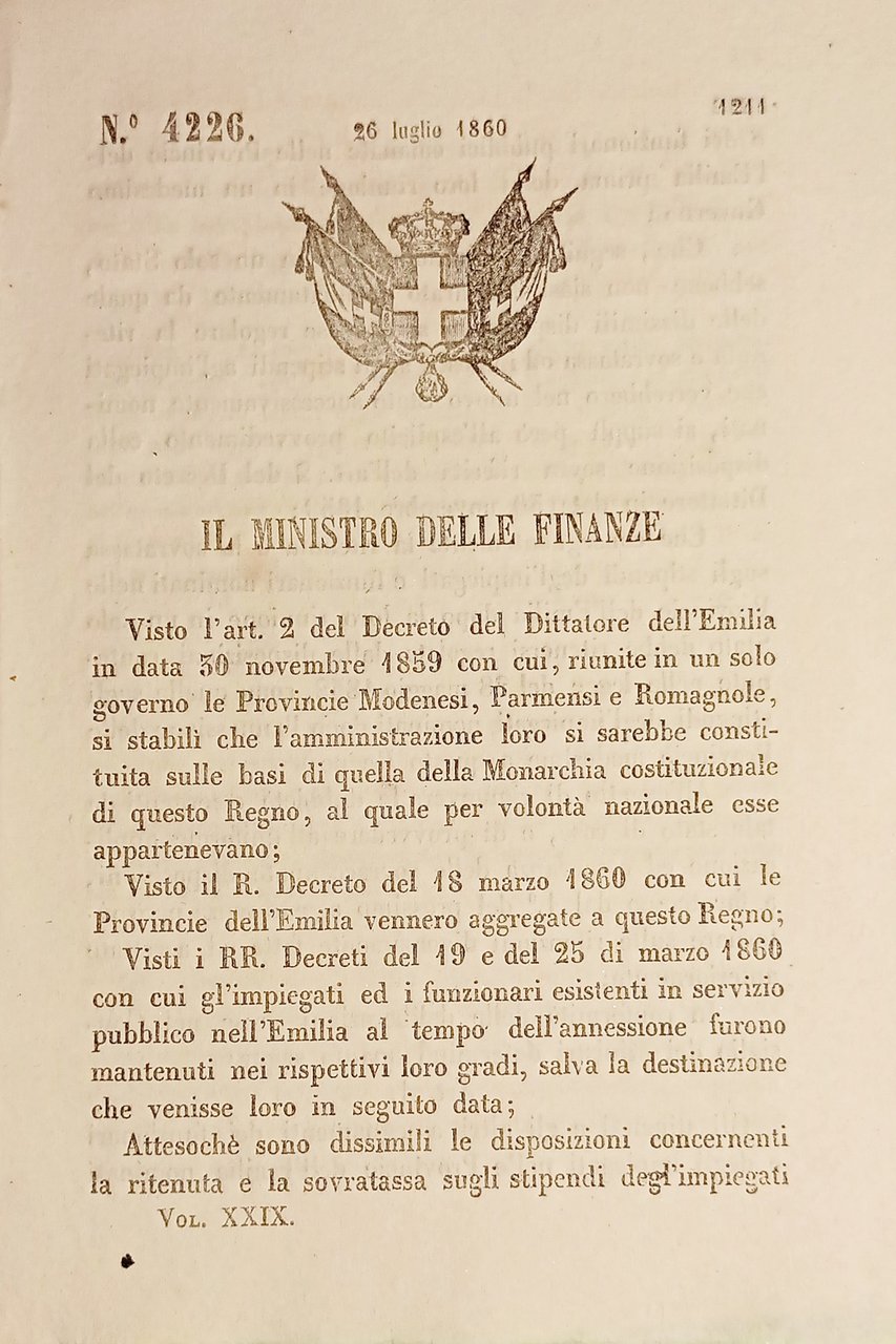 Decreto Regno Sardegna - Stipendi impiegati nelle Provincie dell'Emilia - …