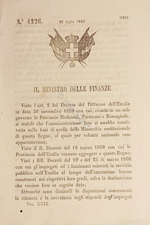 Decreto Regno Sardegna - Stipendi impiegati nelle Provincie dell'Emilia - …