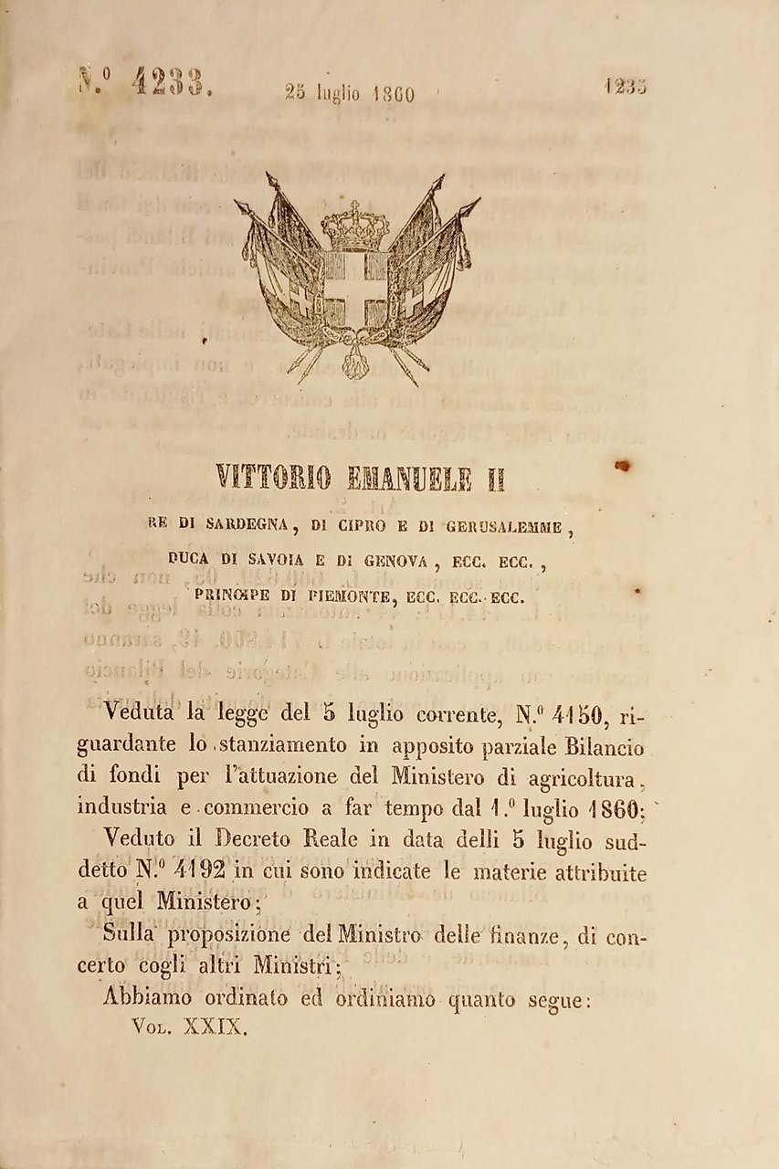 Decreto Regno Sardegna - Trasporto fondi al Ministero d'Agricoltura - …