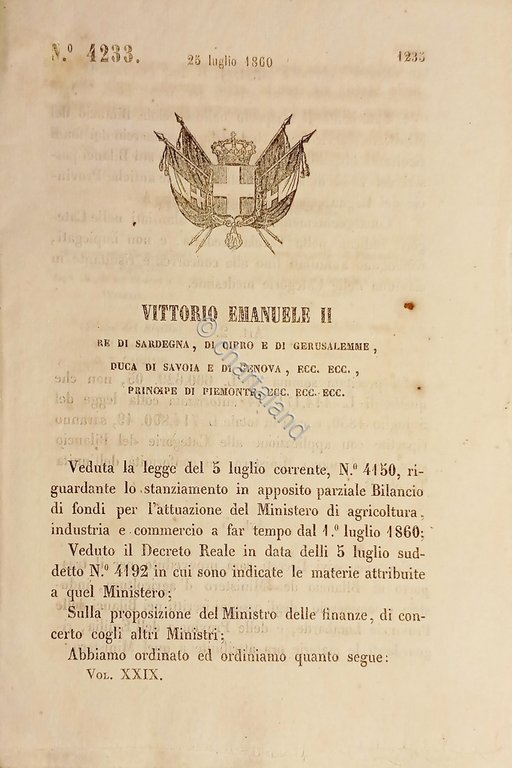 Decreto Regno Sardegna - Trasporto fondi al Ministero d'Agricoltura - …
