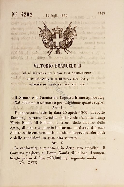 Decreto Regno Sardegna - Vendita allo Stato casa Conte Nomis …