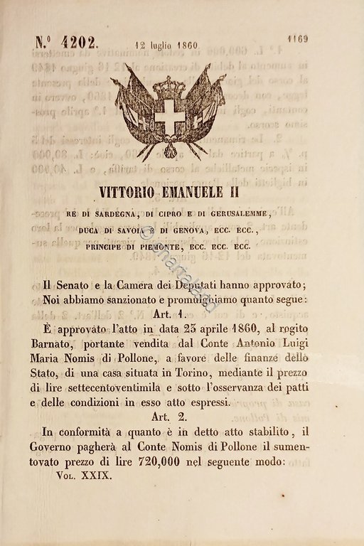 Decreto Regno Sardegna - Vendita allo Stato casa Conte Nomis …