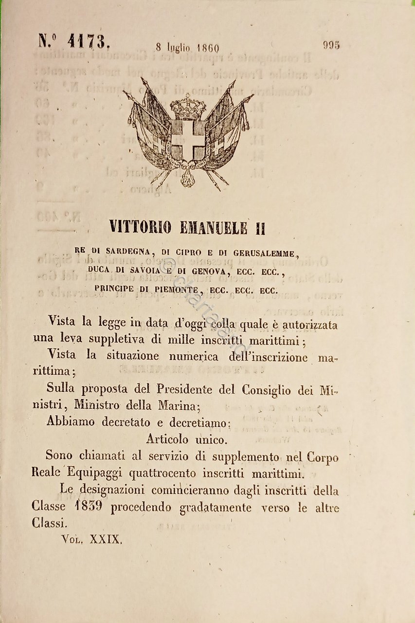 Decreto Regno Sardegna Chiamata Corpo Reale Equpaggi quattrocento marittimi 1860