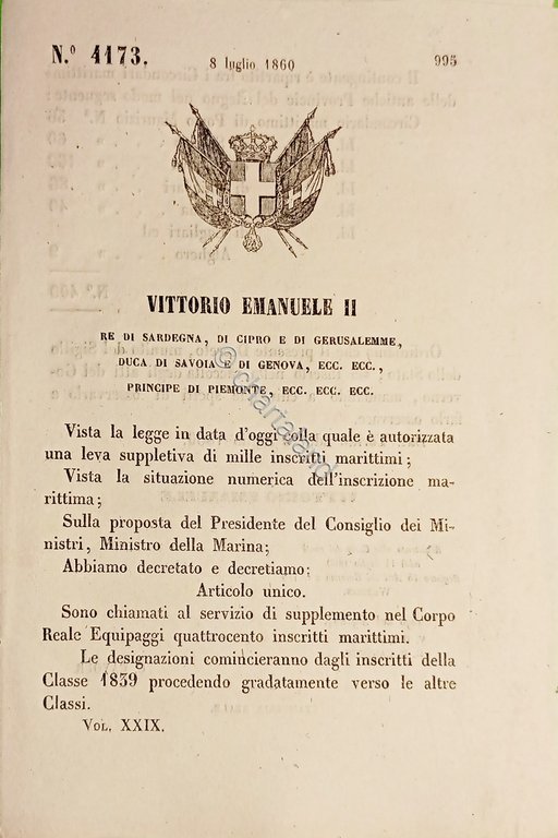 Decreto Regno Sardegna Chiamata Corpo Reale Equpaggi quattrocento marittimi 1860