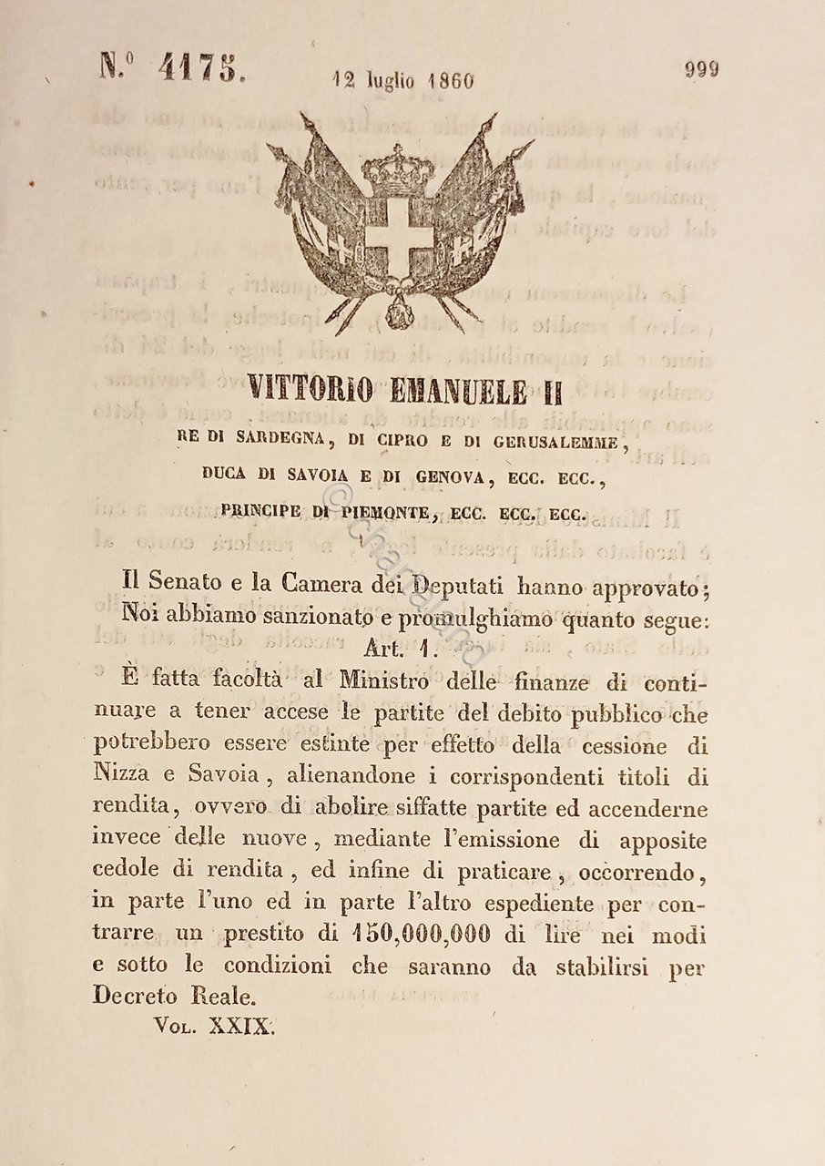 Decreto Regno Sardegna Estinzione rendite alienate territori Nizza e Savoia …