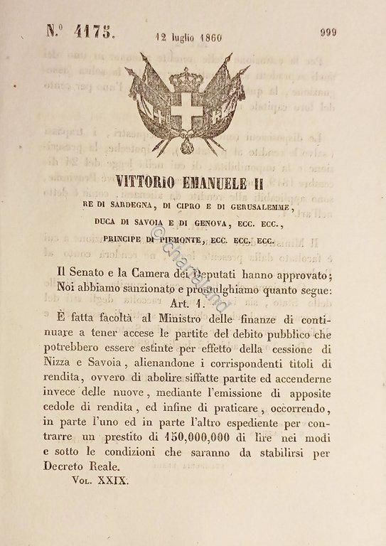 Decreto Regno Sardegna Estinzione rendite alienate territori Nizza e Savoia …