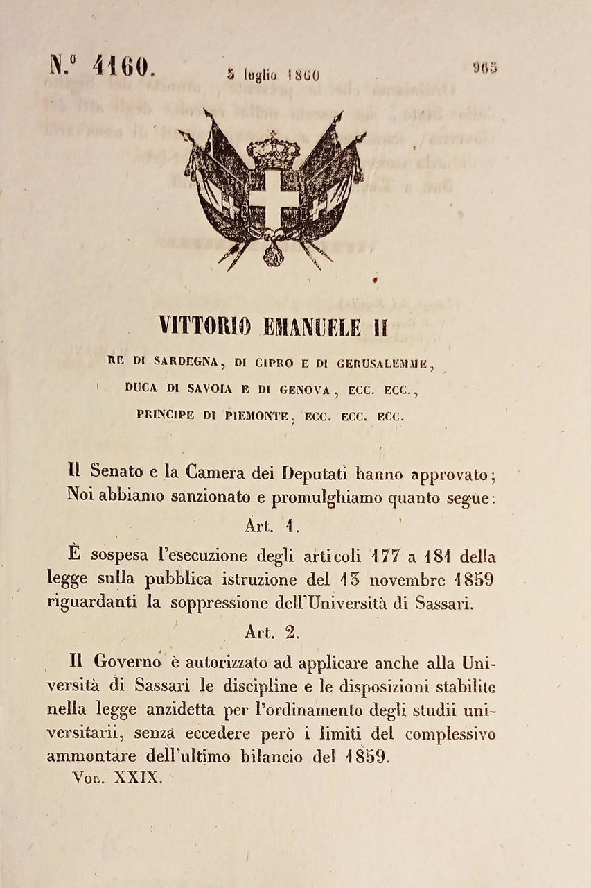 Decreto Regno Sardegna Sospesione articoli soppressione Università Sassari 1860