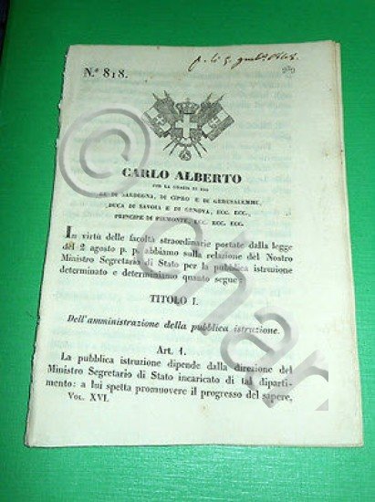 Decreto Regno Sardegna Torino Amministrazione della Pubblica Istruzione 1848