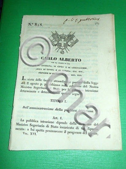 Decreto Regno Sardegna Torino Amministrazione della Pubblica Istruzione 1848