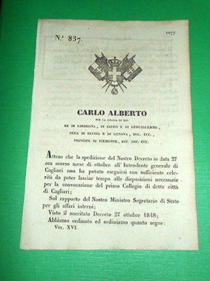 Decreto Regno Sardegna Torino Collegio Elettorale di Cagliari 1848