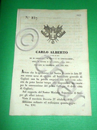 Decreto Regno Sardegna Torino Collegio Elettorale di Cagliari 1848