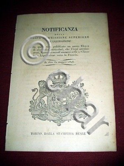 Decreto Regno Sardegna Torino Elenco Creditori Liquidazione Francese 1^ Classe