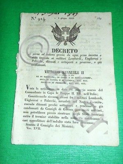 Decreto Regno Sardegna Torino Grazia ai Militari Lombardi Ungheresi Polacchi …