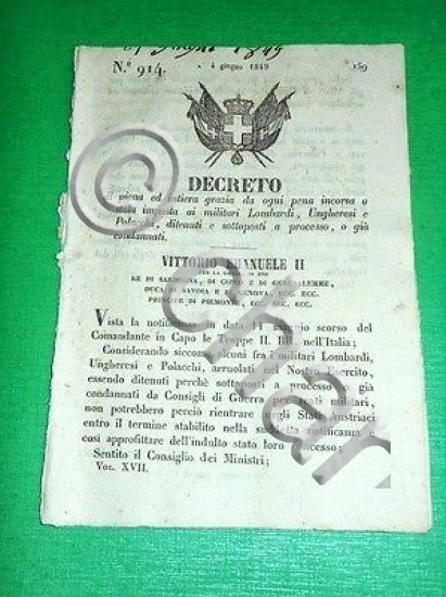 Decreto Regno Sardegna Torino Grazia ai Militari Lombardi Ungheresi Polacchi …