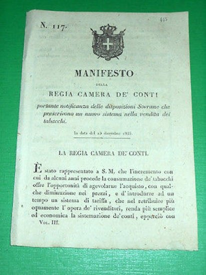 Decreto Regno Sardegna Torino Manifesto Disposizioni Vendita Tabacchi 1835