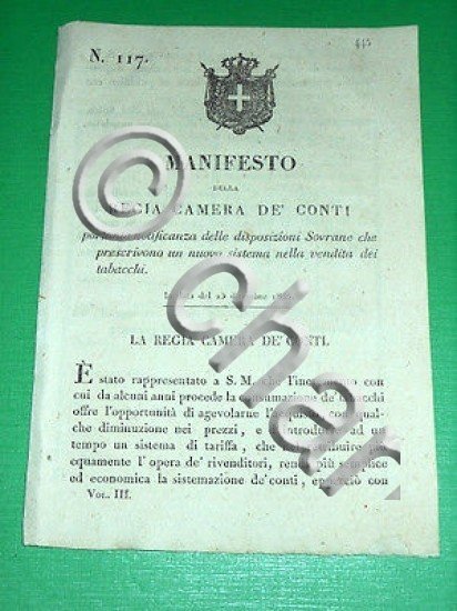 Decreto Regno Sardegna Torino Manifesto Disposizioni Vendita Tabacchi 1835