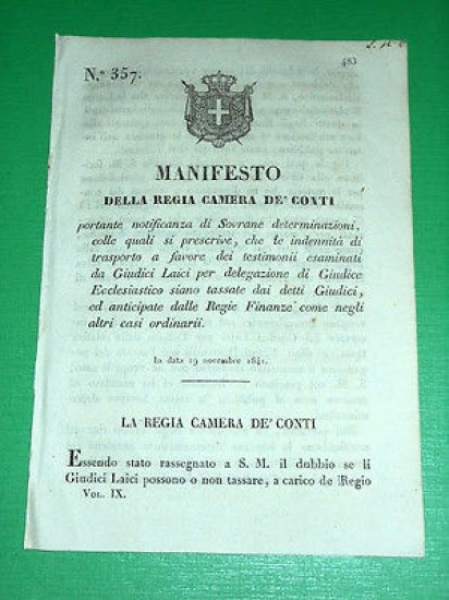 Decreto Regno Sardegna Torino Manifesto Indennità Trasporto Testimoni 1841