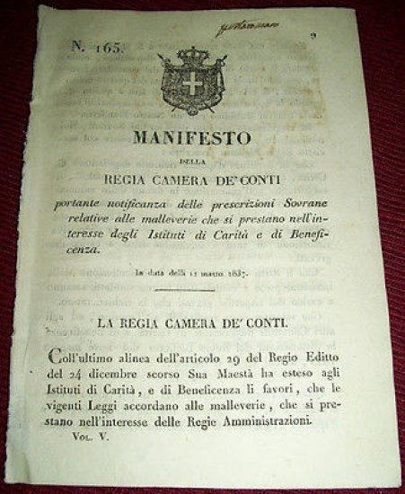 Decreto Regno Sardegna Torino Manifesto Malleverie Istituti di Carità 1837 | Immagine principale