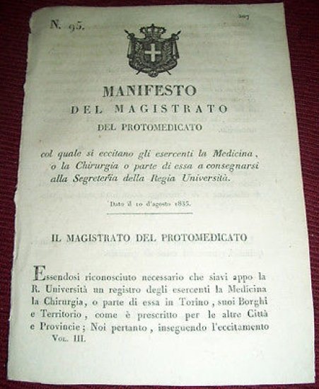 Decreto Regno Sardegna Torino Manifesto Medicina Chirurgia Regia Università 1835