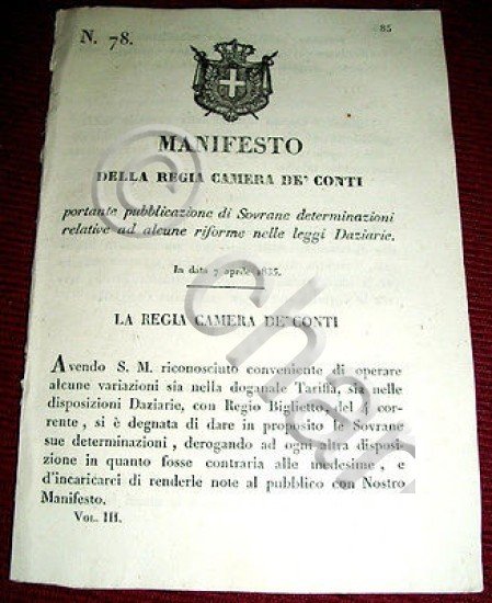 Decreto Regno Sardegna Torino Manifesto Riforme Leggi Daziarie 1835