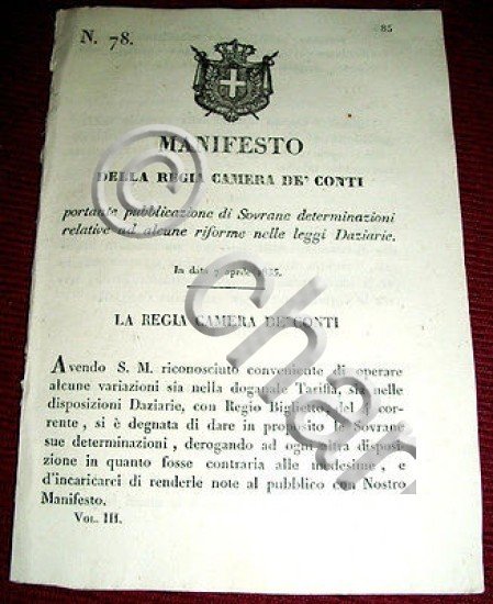 Decreto Regno Sardegna Torino Manifesto Riforme Leggi Daziarie 1835