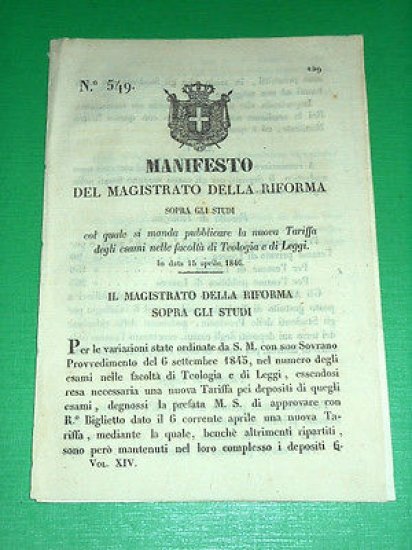 Decreto Regno Sardegna Torino Manifesto Tariffa Esami Facoltà Teologia e … | Immagine principale