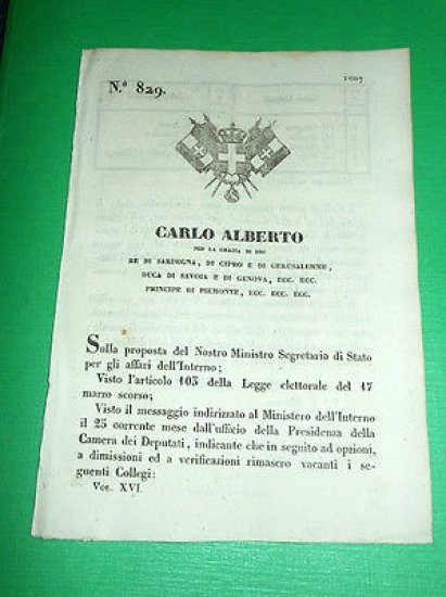 Decreto Regno Sardegna Torino N° 829 Collegii Elettorali - Posti … | Immagine principale