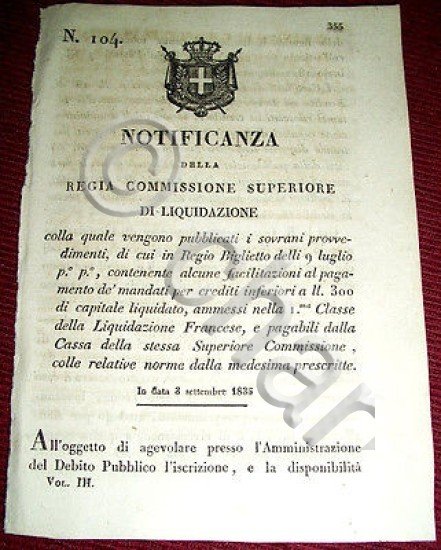 Decreto Regno Sardegna Torino Notificanza Provvedimenti Liquidazione Francese